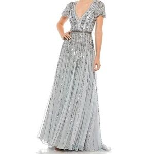 Mac Duggal. Blue Stripe Sequin V-Neck Gown.